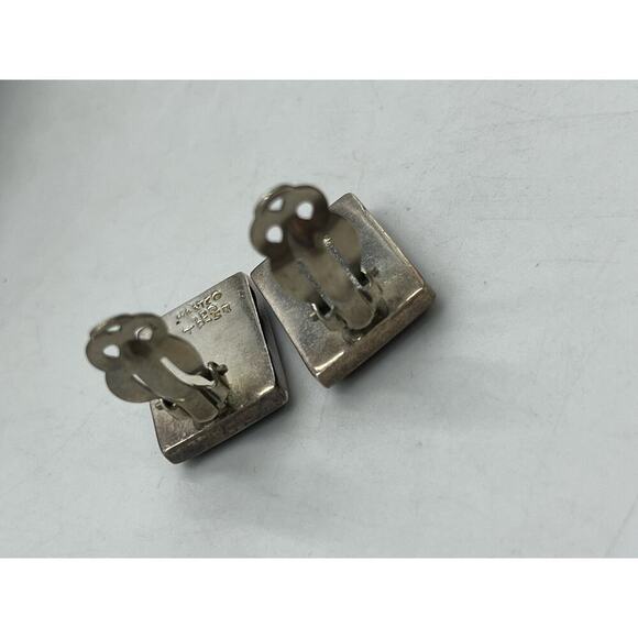 Rectangle Black Glass and 925 Mexico Sterling Silver Clip on Earrings - Picture 7 of 16